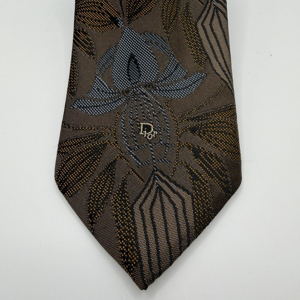 Vintage Christian Dior Monsieur Tie Brown Silk Blend Abstract Floral USA Necktie